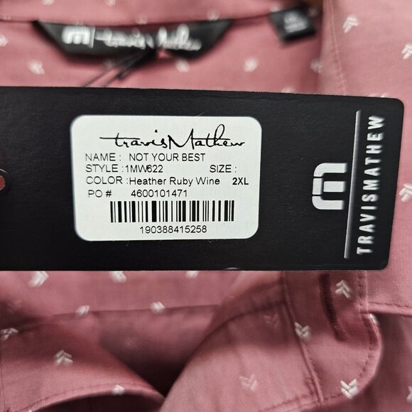 TRAVIS MATHEW Shirt XXL NOT YOUR BEST Short Sleeve Button Up Heather Ruby NEW - Picture 5 of 9
